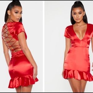 PrettyLittleThing Lace-Up Frill Hem Bodycon Dress